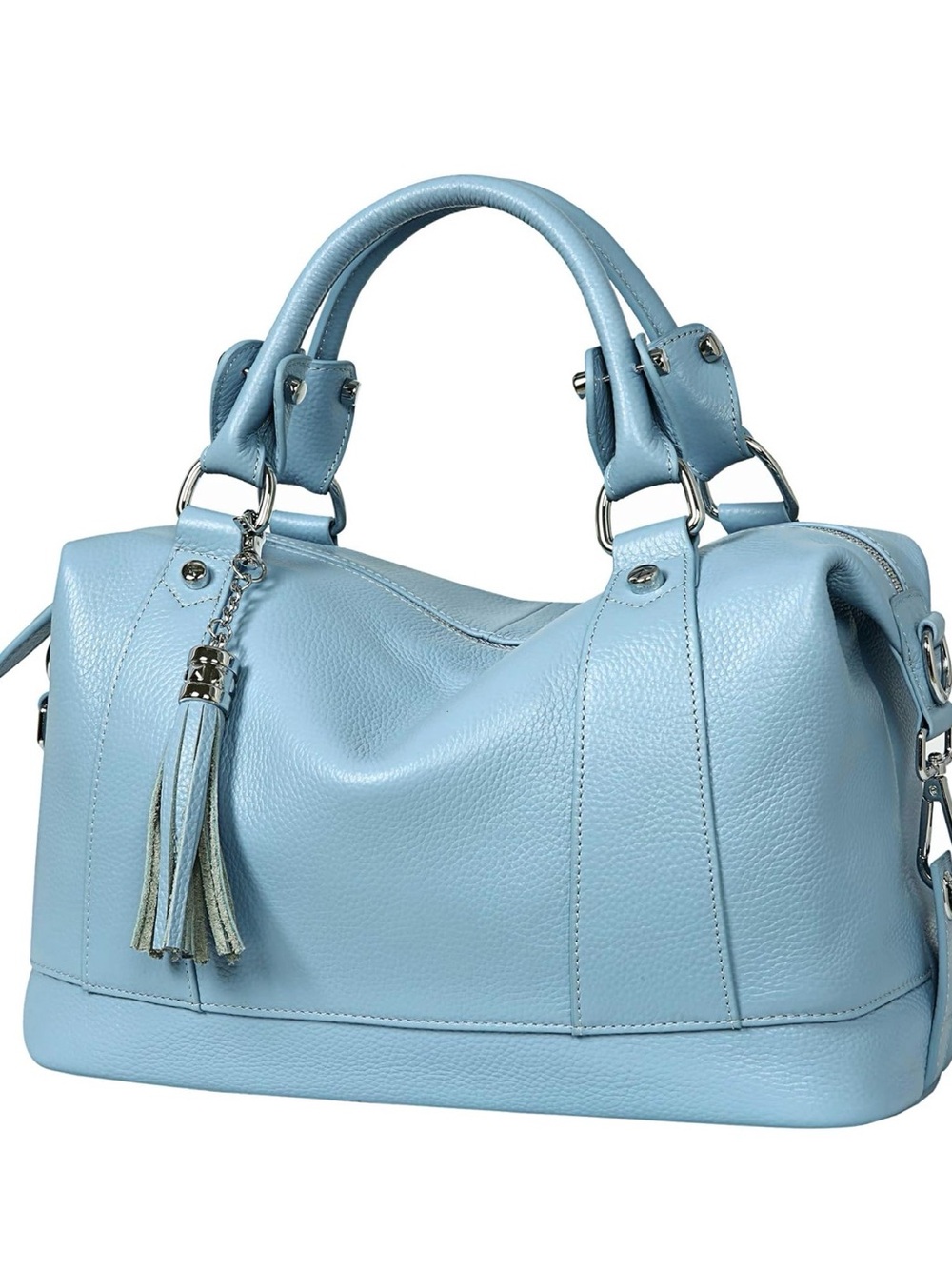 Light Blue Leather Satchel Handbag with Tassel